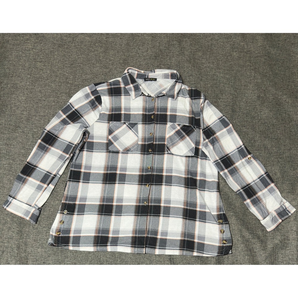 Robert Louis Womens XL Button Up Plaid Shirt Black White Long Sleeve